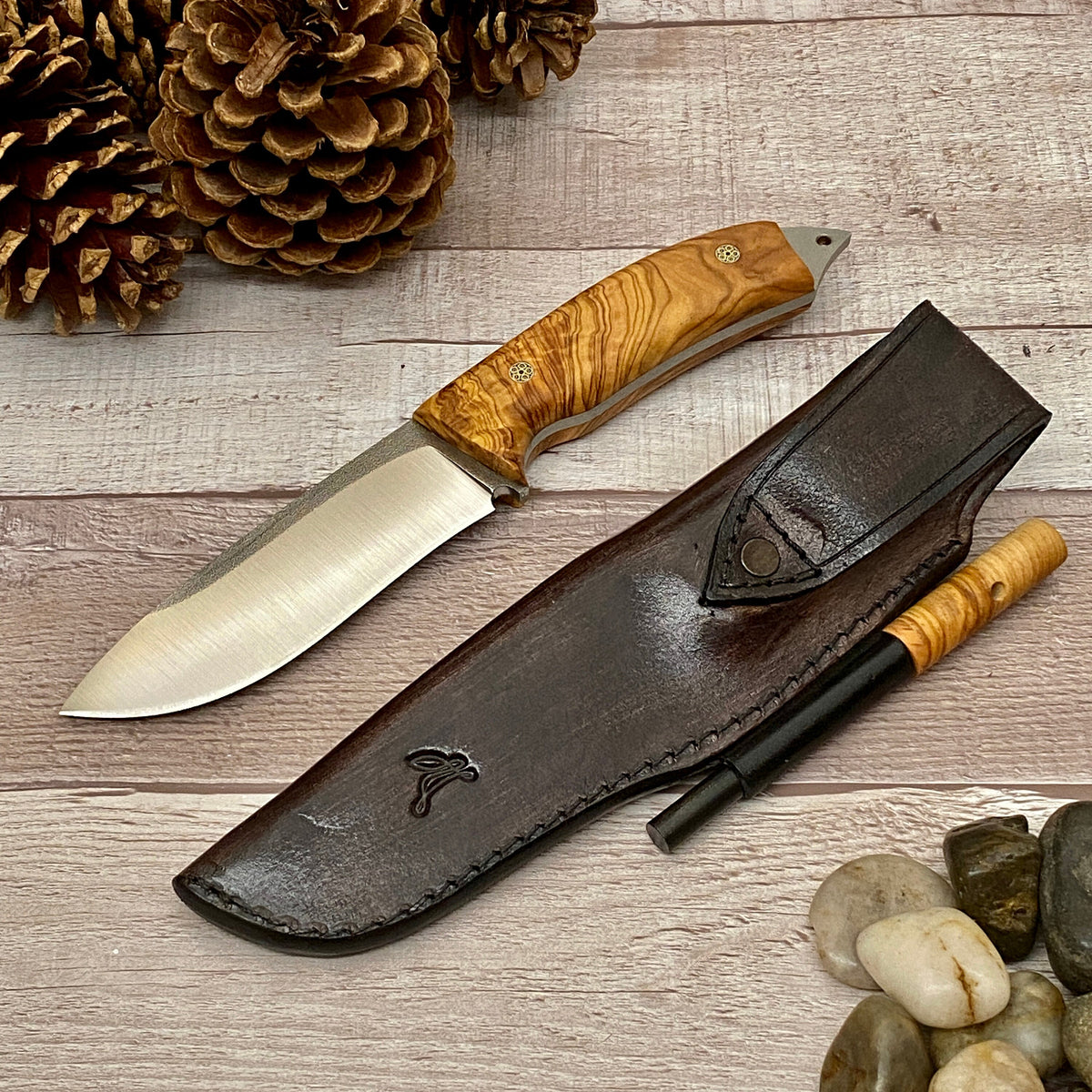 Camping Knife With Olive Wood Handle, 1/4 Inch N 690 Steel and Leather  Sheath, Drop Point N690 Steel Blade, Unique Root of Olive Tree Handle -   Israel