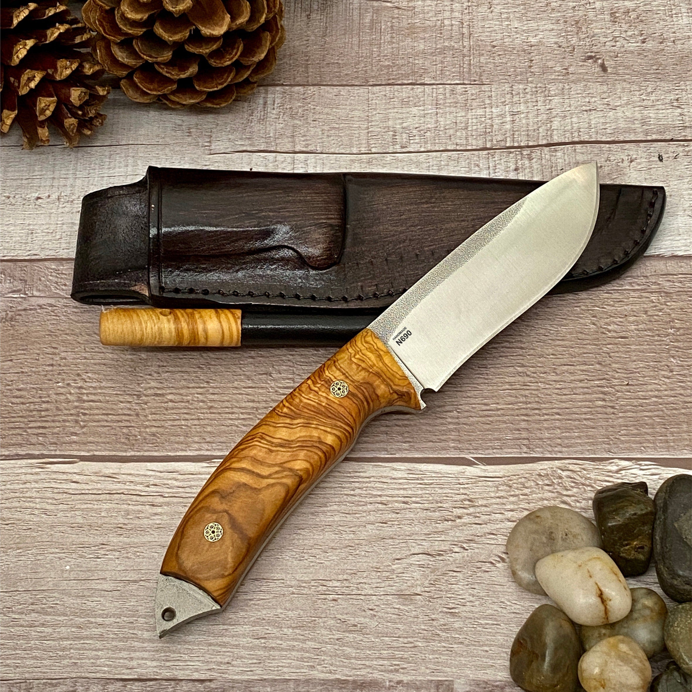 Camping Knife With Olive Wood Handle, 1/4 Inch N 690 Steel and Leather  Sheath, Drop Point N690 Steel Blade, Unique Root of Olive Tree Handle -   Ireland