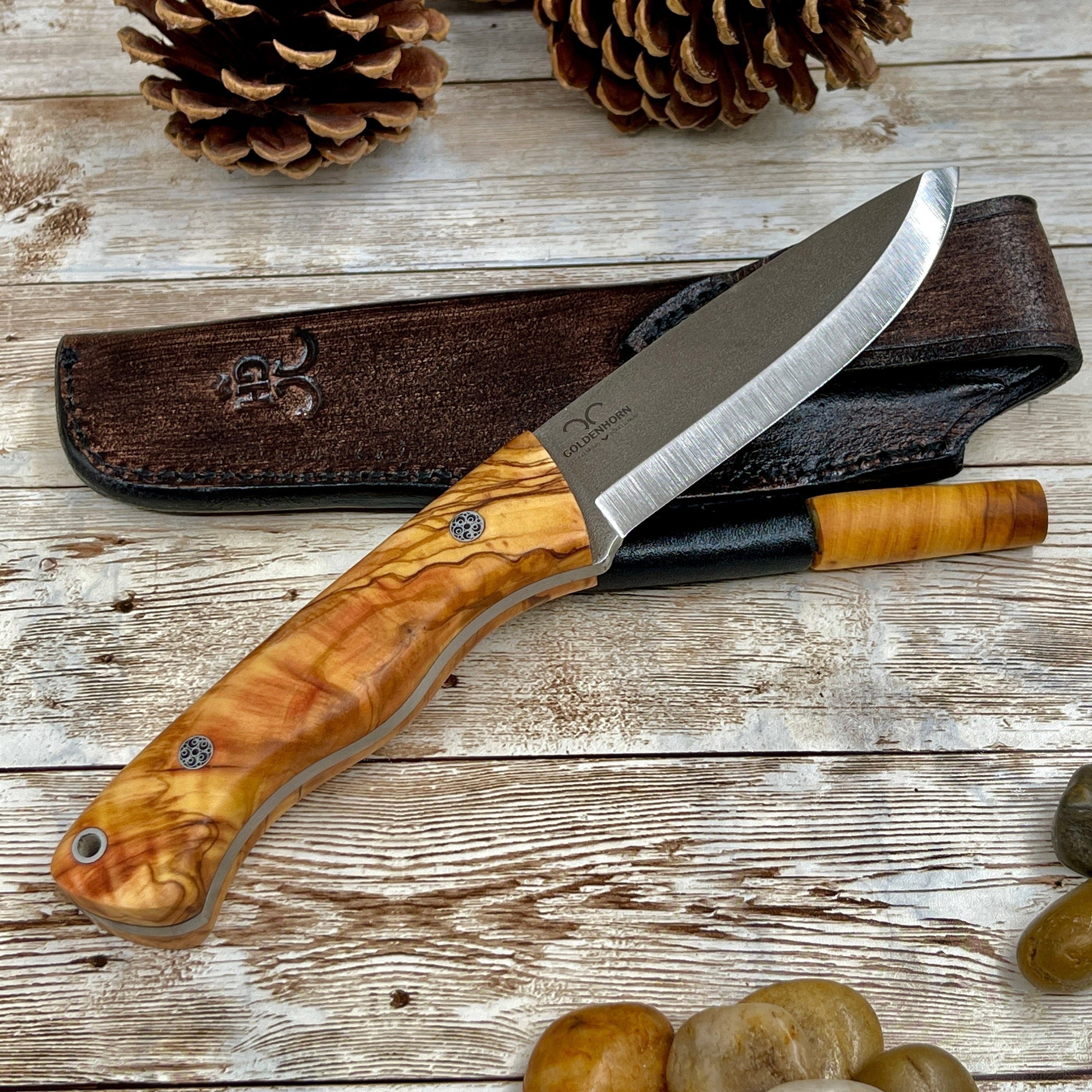 Camping Knife With Olive Wood Handle, 1/4 Inch N 690 Steel and Leather  Sheath, Drop Point N690 Steel Blade, Unique Root of Olive Tree Handle -   Ireland