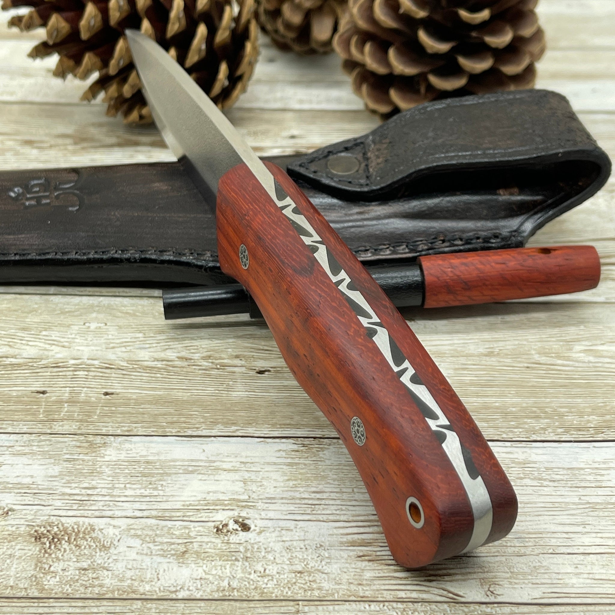 N690 Hunting Knife with Leather 2024 Sheath, Camping Bushcraft Knife, Padauk Wood Handle